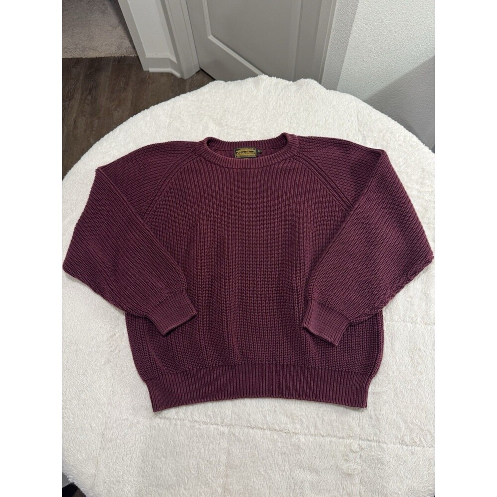 VTG Eddie Bauer Chunky Knit Sweater Men’s Sz XL Burgundy Cotton Crewneck